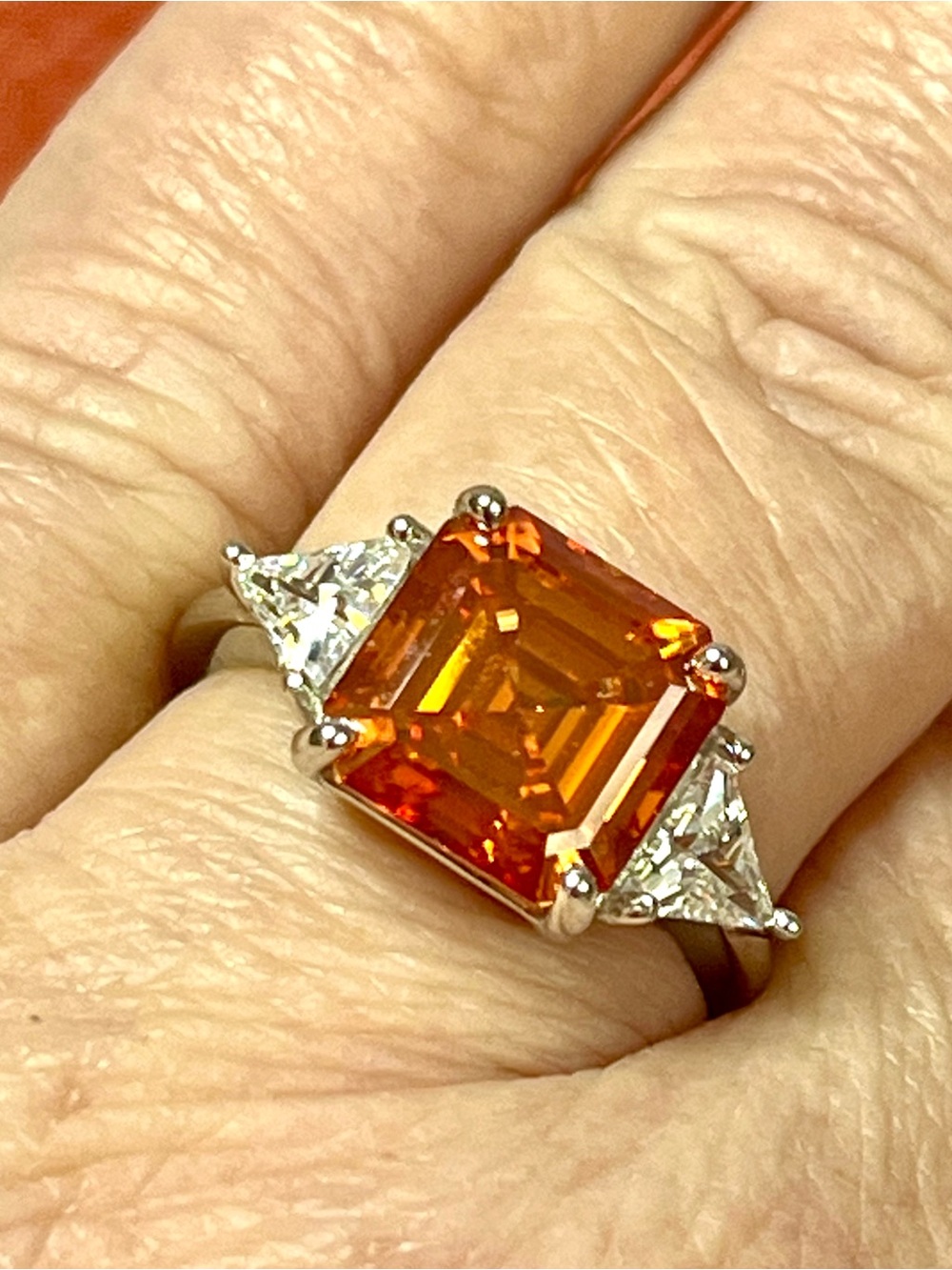 Elegant 5 ctw Center Orange Asscher-Cut Ring w/Trillions ALL MOISSANITE Sz8